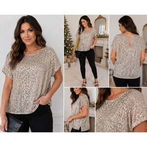 Cable & Gauge Sequin Top Women 1X Gold Champagne Short Sleeve Glam Holiday Part
